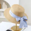 Women summer flat top straw hat with light blue polka dot ribbon bow beach sun protection cap - M (56-58cm) / JS80461-14 Khaki with Blue Strap