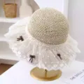 Sombrero de paja para mujer con ala de encaje blanco y lazos bonitos para las vacaciones. - M (56-58cm) / JS7004-10 beige