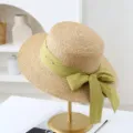 Women summer flat top straw hat with green polka dot bow beach sun protection sunshade - M (56-58cm) / JS80461-14 Khaki with Green Strap