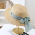 Women summer flat top straw hat with elegant green bow ribbon wide brim beach sun hat chic. - M (56-58cm) / JS80461-15 Khaki with Blue Strap