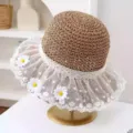 Sombrero de paja de verano con borde de encaje blanco y margaritas para la playa. - M (56-58cm) / JS7004-11 café