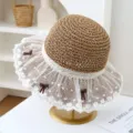 Sombrero de paja dulce de verano con borde de encaje blanco y lazos marrones playa vacaciones - M (56-58cm) / JS7004-10 café