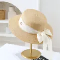 Summer straw hat for women, wide brim flat top sun hat with elegant white bow ribbon for beach. - M (56-58cm) / JS80461-15 Khaki with Beige Strap