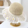 Sombrero de paja para mujer con borde de encaje y margaritas, ideal para las vacaciones. - M (56-58cm) / JS7004-11 beige