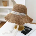 Sombrero de paja tejido para mujer con cinta de encaje y margaritas, sombrero de playa. - M (56-58cm) / JS7020 café