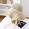 Sombrero de paja tejido para mujer con borde de encaje delicado y bordado floral para playa de verano. - M (56-58cm) / JS7020 beige 2