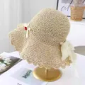 Sweet women's straw sun hat with lace wavy brim and cute bow detail for summer beach vacation. - M (56-58cm) / Small Cherry Light Yellow Bow Style - Beige