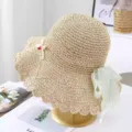 Women Sweet Straw Sun Hat Bow Lace Brim Summer Beach Vacation Breathable Woven Hat - M (56-58cm) / Small Cherry Light Green Bow Style - Beige