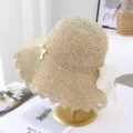 Women's Sweet Straw Sun Hat Wide Brim Lace Hem Beach Vacation Breathable Sunscreen Hat - M (56-58cm) / Small Cherry White Bow Style - Beige