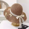 Sweet women's straw sun hat with lace bow ribbon, large brim breathable beach vacation hat. - M (56-58cm) / Small Bow Lace Bow Style - Khaki