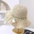 Women's straw sun hat, beige woven beach vacation wide brim hat with green ribbon tulip decor. - M (56-58cm) / White Tulip Bow Style - Beige