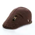 Men's brown cotton flat cap casual beret vintage newsboy hat with metal buckle outdoor wear - Adjustable / Coffee