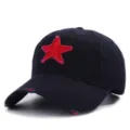 Classic distressed baseball cap with red embroidered star, vintage washed look for summer. - Adjustable / Black