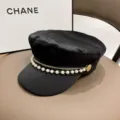 Stylish women black flat top hat with elegant pearl chain decoration casual sun protection cap - Black