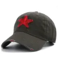 Distressed Dark Grey Baseball Cap with Red Star Embroidery Casual Vintage Sun Hat - Adjustable / Army Green