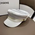 White silk flat cap with pearl and gold chain decoration, stylish casual sun hat for women. - White