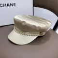 Women pearl chain satin newsboy cap elegant flat top visor hat casual street fashion headwear - Champagne