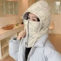 Winter thermal windproof full face mask bomber hat with integrated scarf for outdoor cycling skiing. - Velcro Style / Beige