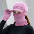 Women winter warm knitted hat fleece lined scarf gloves set pink thick coldproof cozy stylish - Dusty Rose