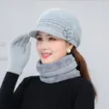 Dames winter warme gebreide muts sjaal en handschoenen set grijs pluche fleece gevoerd - Enkele Hoed / Grijs