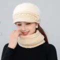 Dames winter warm gebreide bontmuts en sjaal set, dikke pluche gevoerde muts beige kleur. - Enkele Hoed / Beige