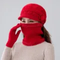 Winter warm knitted hat scarf and gloves set for women thick plush lined red color. - Red