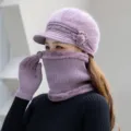Purple winter knitted hat scarf and gloves set for women fleece lined thick warm winter cap. - Mauve