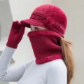 Women winter warm knit hat scarf and gloves set plush fleece lined red cold weather accessories - Burgundy