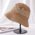 Handgefertigter Stroh-Eimerhut, khakifarbener Sonnenschutz-Strandhut mit breiter Krempe. - Verstellbar (54-58cm) / Khaki