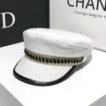 Donna cappello piatto bianco in tweed con catena elegante berretto alla moda stile chic - Regolabile / Bianco