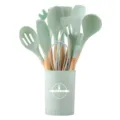 12-piece silicone kitchen utensil set with wooden handles and holder mint green kitchenware - Light Green