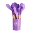 Purple silicone kitchen utensils set with wooden handles and convenient matching storage holder bucket. - Purple