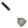 Heat resistant silicone slotted cooking spatula detail with nonstick safe head and ergonomic handle. - Slotted Spatula / Gray