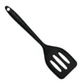 Close-up of the black silicone slotted spatula showing details and hanging hole design. - S / Black