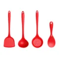 Set of 4 red silicone kitchen utensils including spatula, soup ladle, slotted spoon. - Kitchen Utensil 4-Piece Set / Red