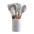 12-piece silicone kitchen utensil set with wooden handles and grey marble pattern storage holder - Khaki