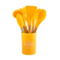 Silicone kitchen utensils set with wooden handles and storage bucket, vibrant yellow color. - Yellow