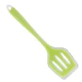 Green silicone slotted spatula detail view, flexible cooking utensil with hanging hole. - Semi-transparent Green