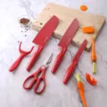 5-piece red kitchen knife set stainless steel chef utility knives with cutting board and peeler - Red
