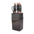 Stainless steel kitchen knife set with marble pattern handles and black knife block. - 7-Piece Set / Black & Gold