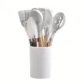 Kitchen utensil set with silicone heads, wooden handles and storage holder bucket. - Marble
