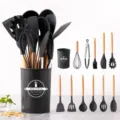 Set de utensilios de cocina de silicona 12 piezas mango de madera con soporte variante - Conjunto de 12 Piezas con Soporte / Gris
