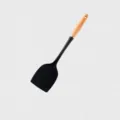 Black silicone spatula with wooden handle, heat resistant kitchen cooking tool variant. - Flat Turner / Black