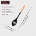 Silicone slotted spoon with wooden handle, black kitchen cooking utensil, heat resistant design. - Slotted Spoon