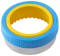 Stainless steel cookie cutter mold with blue yellow plastic guard for kitchen baking. - Round