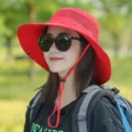 Red women sun protection bucket hat with wide brim, breathable mesh and windproof rope for outdoor. - Adjustable (55-59cm) / Outdoor Bright Red