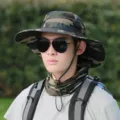 Men camo bucket hat summer outdoor sun protection fishing cap with wide brim and chin strap. - Adjustable (55-60cm) / Camouflage Dark Green