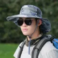 Men's camo bucket hat outdoor sun protection wide brim fishing hiking hat with wind rope - Adjustable (55-60cm) / Camo Grey Blue