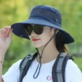 Women summer outdoor sun protection wide brim fisherman hat with breathable mesh and chin strap. - Adjustable (55-59cm) / Outdoor Navy