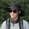 Men's black wide brim sun bucket hat, outdoor fishing hiking breathable cap with strap. - Adjustable (55-60cm) / Camouflage Black